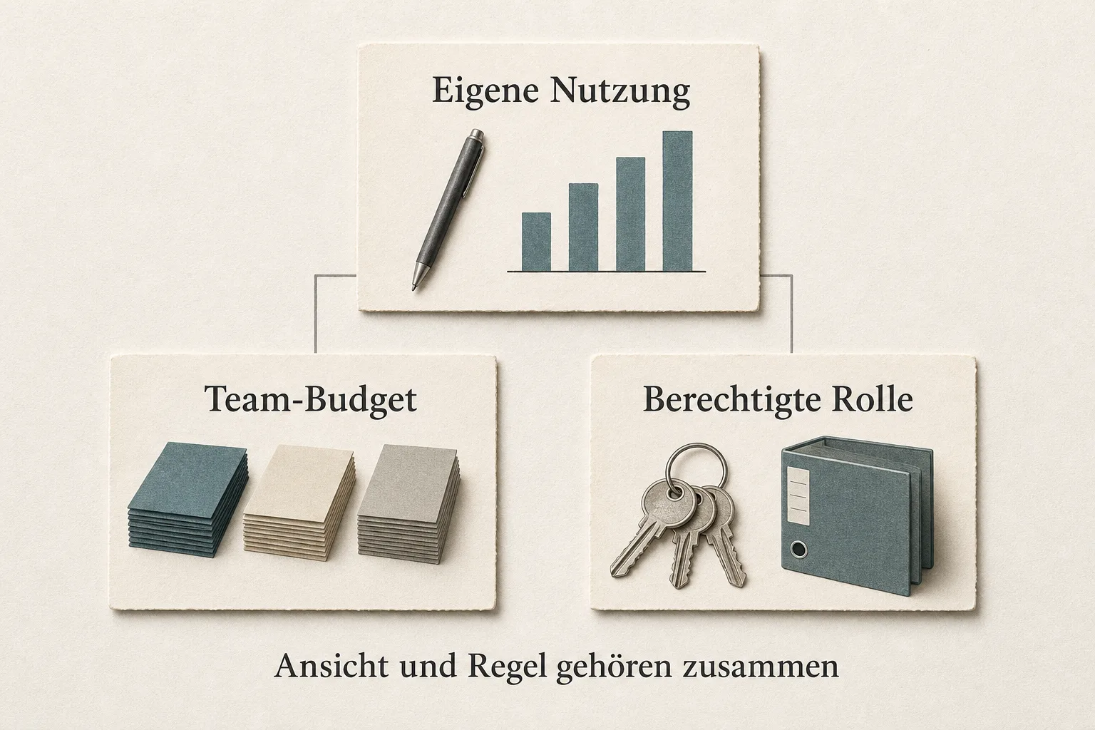 Drei Papierkarten erklären eigene Nutzung, Team-Budget und berechtigte Rolle als getrennte Aufgaben der Kostenkontrolle.