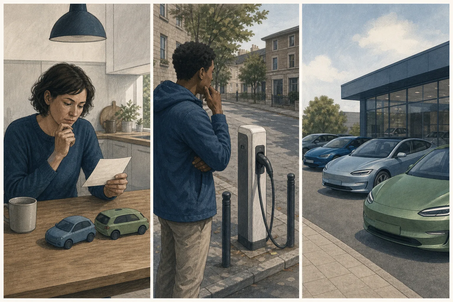 Dreiteilige Illustration mit einer Kaufüberlegung am Küchentisch, einer Person an einer Ladesäule und Elektroautos auf einem Hof.