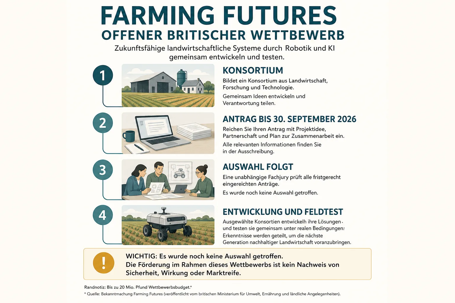 Redaktionelle Grafik mit den Stationen Konsortium, Antrag, spätere Auswahl sowie Entwicklung und Feldtest im Farming-Futures-Wettbewerb.