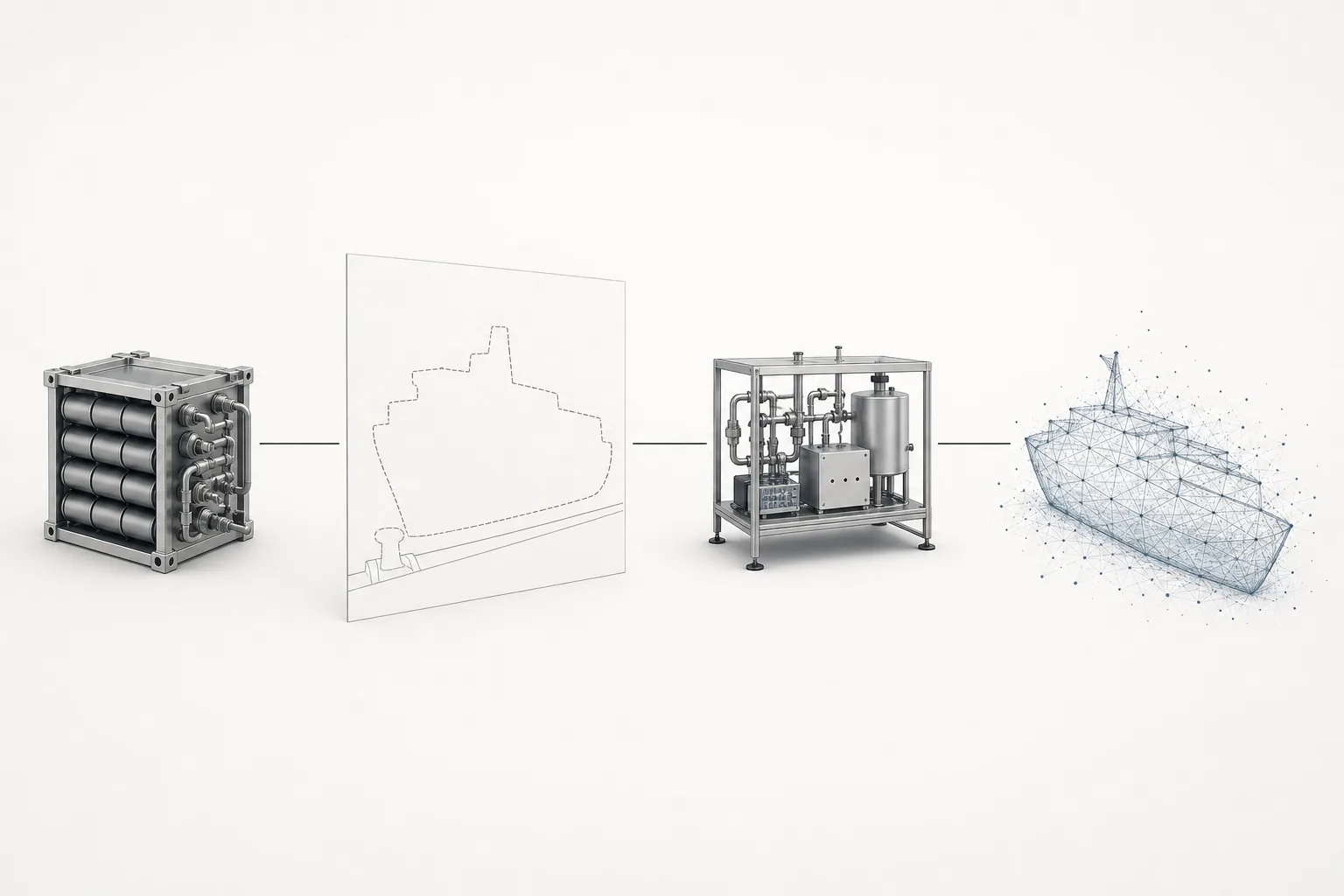 Redaktionelle Prozessillustration mit Speichermodul, Schiff am Liegeplatz, Laborprüfstand und digitalem Simulationsmodell.