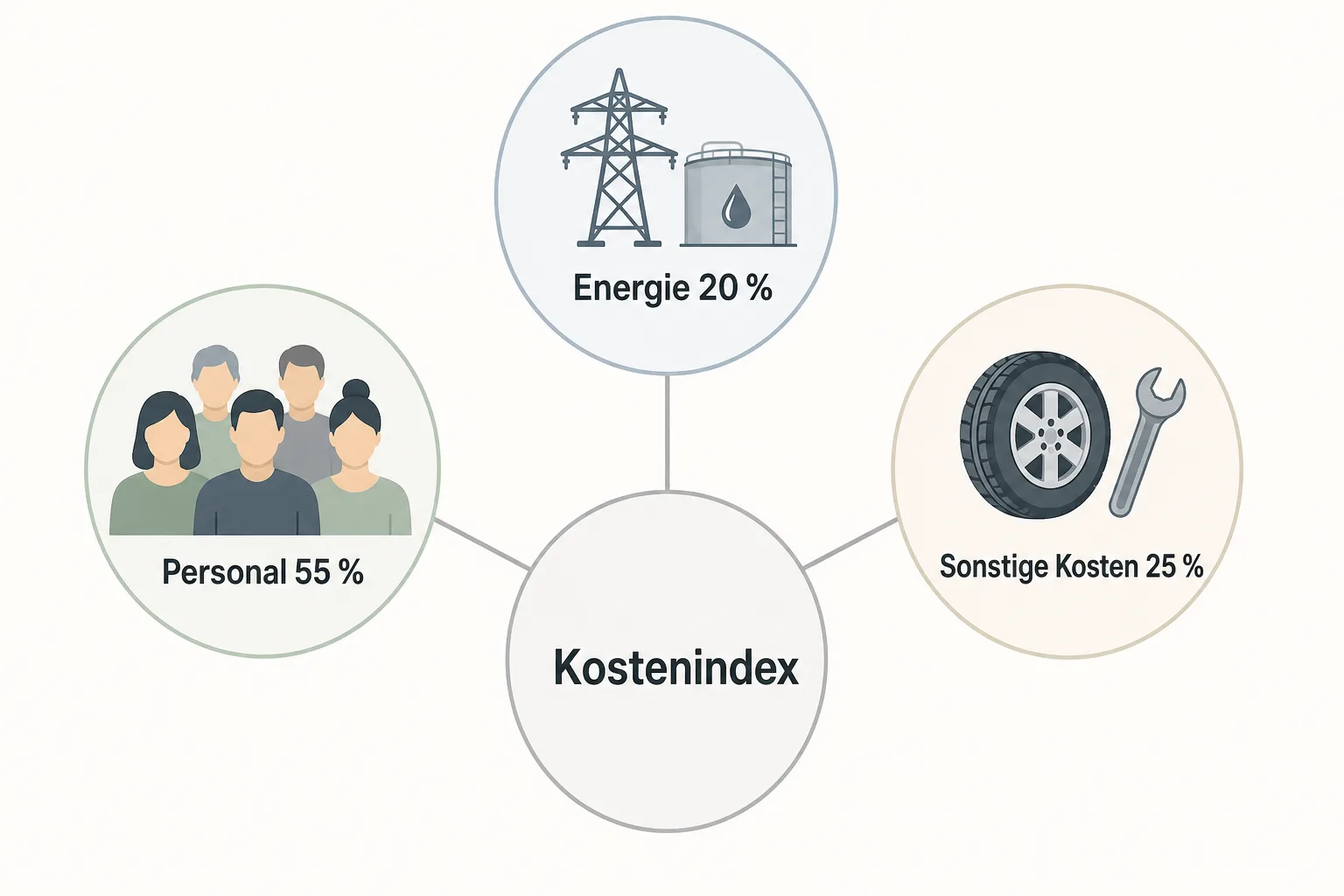 Infografik mit den Kostenblöcken Personal, Energie und sonstige Kosten, die in einen Kostenindex führen.