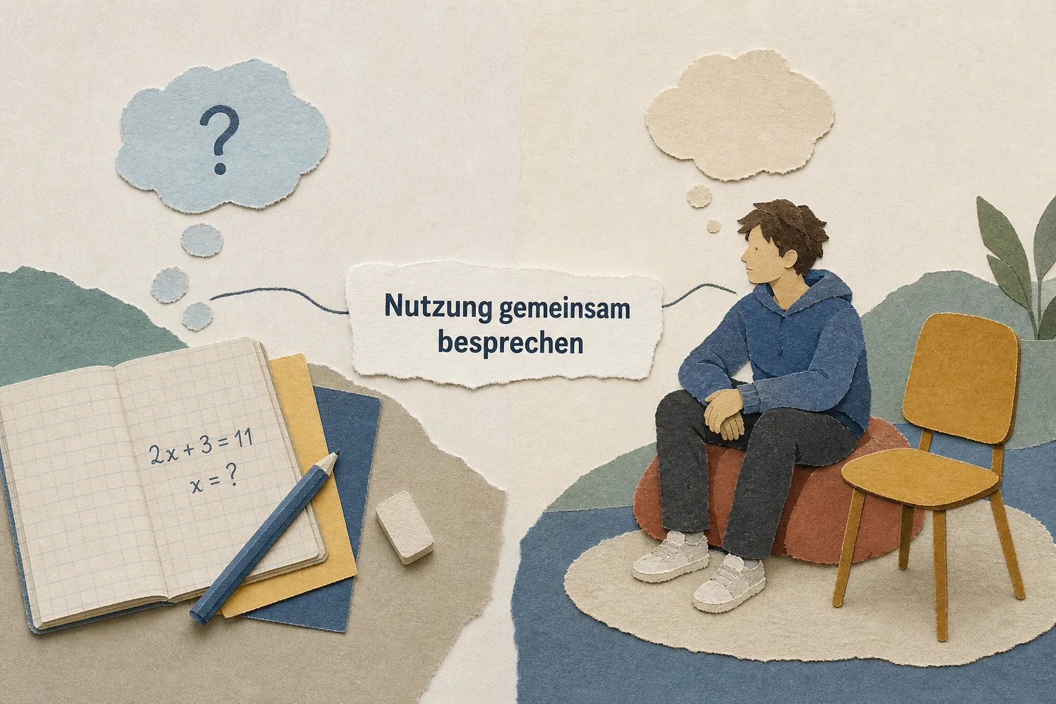 Eine Papiercollage zeigt links Schulmaterial und rechts eine persönliche Gesprächssituation, verbunden durch den Hinweis auf gemeinsames Besprechen.