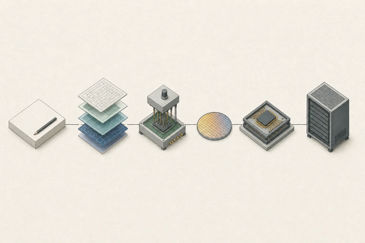 Eine ruhige isometrische Illustration zeigt sechs neutrale technische Stationen von einem Entwurfsblock über Prüf- und Wafermodule bis zu Packaging und einem Serverknoten, verbunden durch dünne Linien.