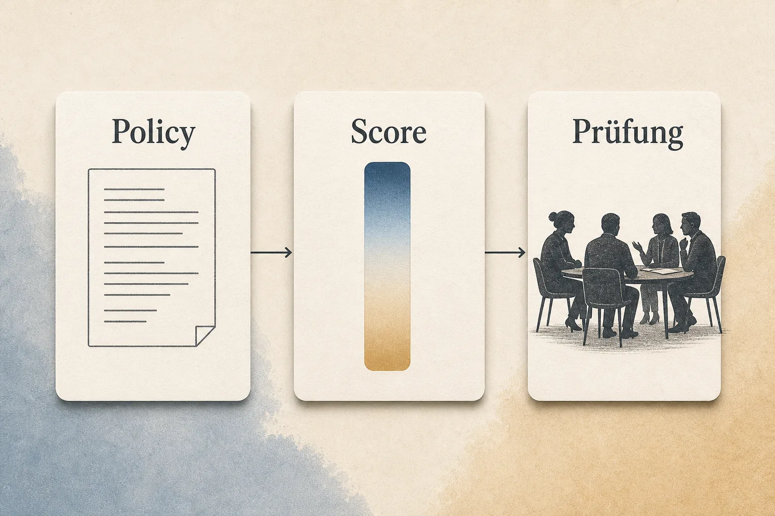 Redaktionelle Grafik zeigt die Schritte Policy, Score und Prüfung als getrennten Ablauf der KI-Moderation.