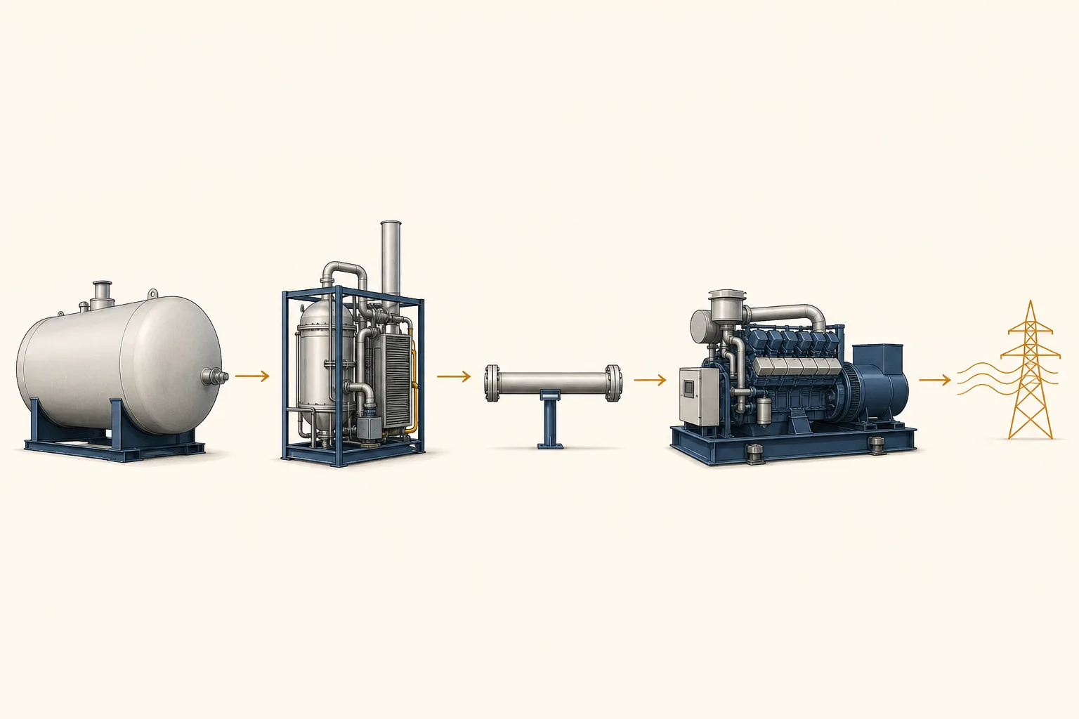 Schematische Grafik zeigt eine Kette aus Ammoniakspeicher, Reformer, Gasleitung, Motor-Generator und Stromabgabe.