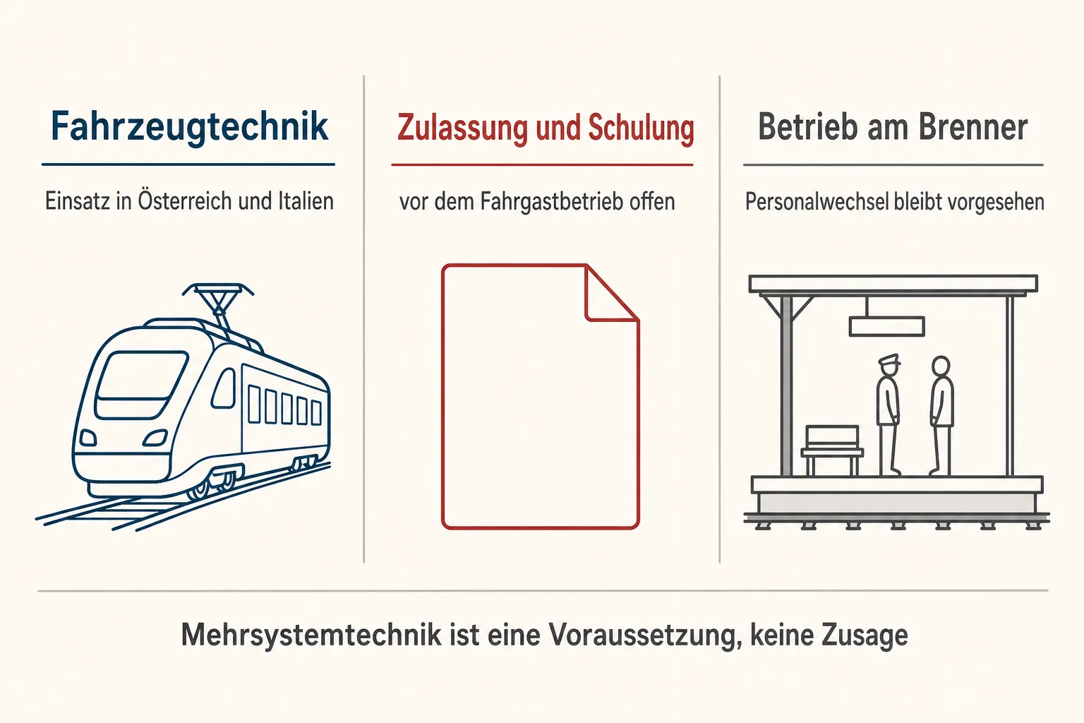 Deutsch beschriftete Infografik trennt Fahrzeugtechnik, Zulassung und Schulung sowie Betrieb am Brenner als drei Voraussetzungen der geplanten Verbindung.