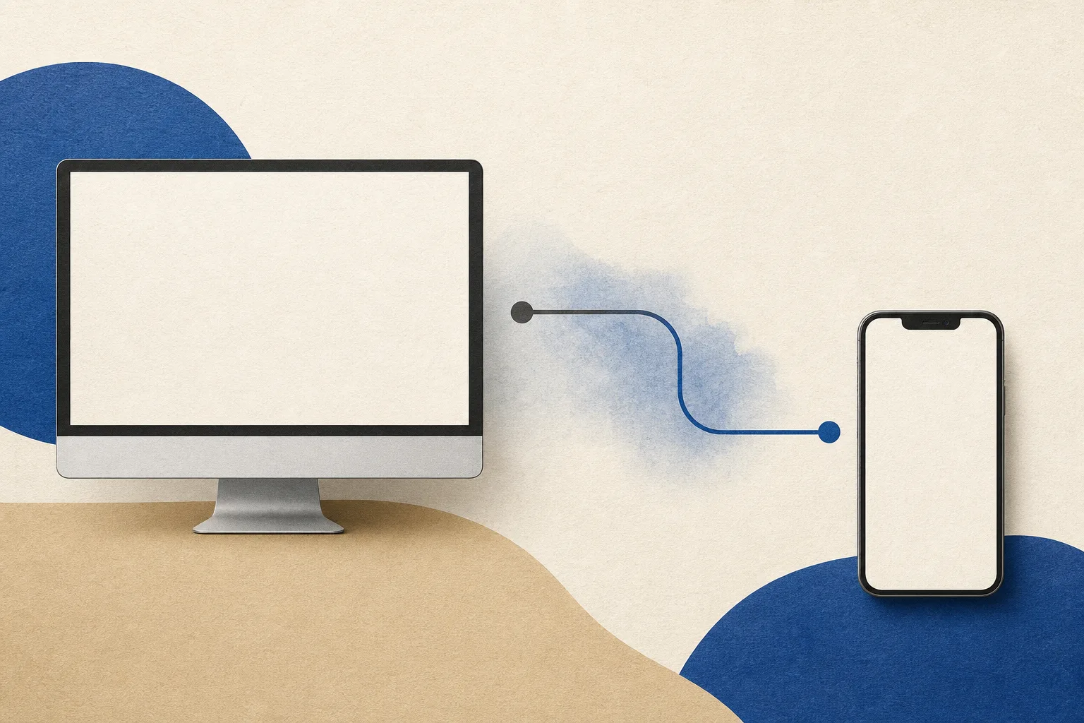 Abstrakte Illustration mit neutralem Computer, Smartphone und einer Verbindung dazwischen auf papierartigem Hintergrund.