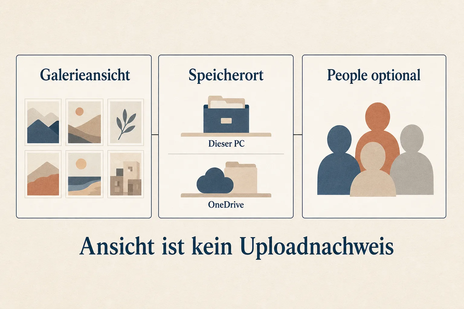 Redaktionelle Grafik trennt Galerieansicht, Speicherort auf diesem PC oder in OneDrive und die optionale People-Funktion.
