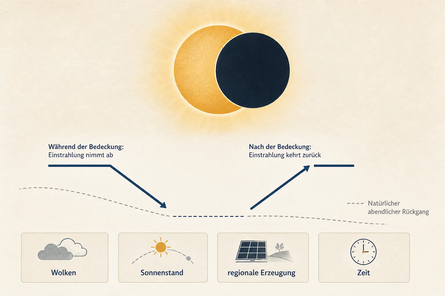 Sachillustration mit teilweise bedeckter Sonne, einer abwärts und einer aufwärts verlaufenden Kurve sowie Faktoren wie Wolken und Sonnenstand.