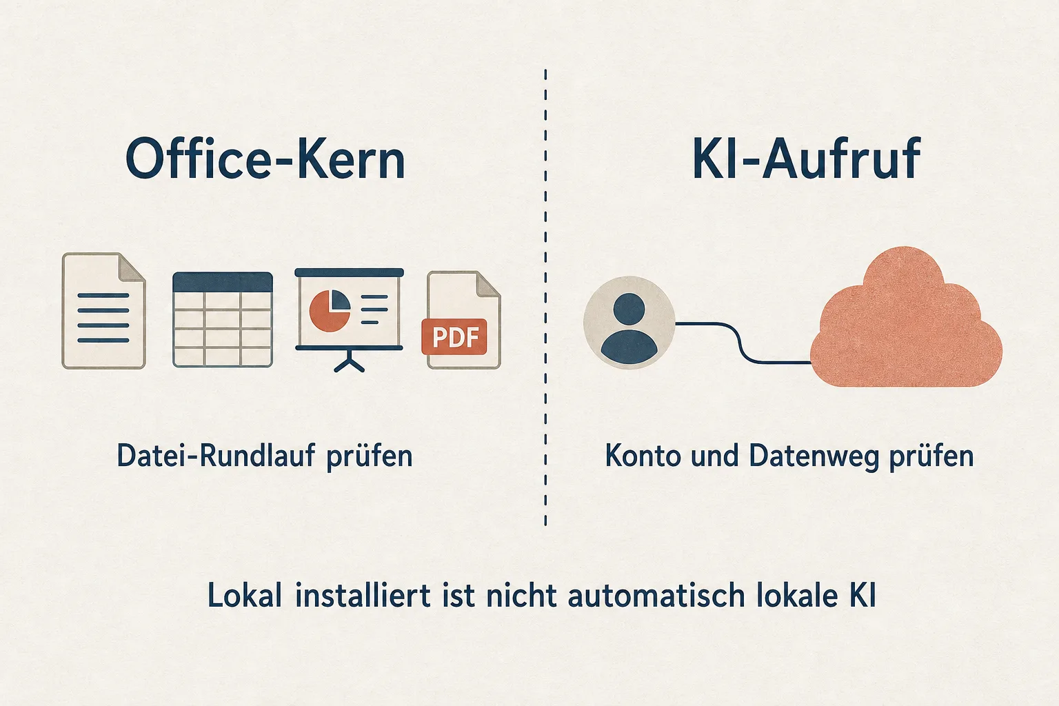 Redaktionelle Grafik trennt den Office-Kern für den Datei-Rundlauf vom KI-Aufruf über Konto und Datenweg.