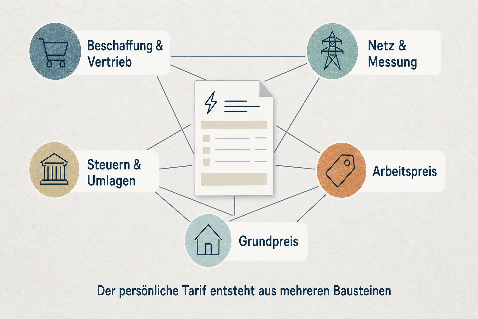 Redaktionelle Illustration zeigt Beschaffung, Netzkosten, Abgaben sowie Arbeitspreis und Grundpreis als getrennte Bausteine.