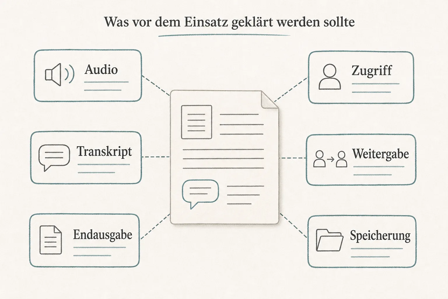 Infografik bündelt die Prüffragen zu Audio, Transkript, Endausgabe, Zugriff, Weitergabe und Speicherung.