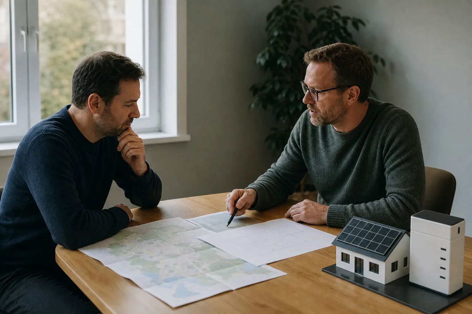 Zwei Personen besprechen an einem Tisch eine nicht lesbare Karte und technische Unterlagen neben Modellen eines Solardachs und eines Batteriespeichers.