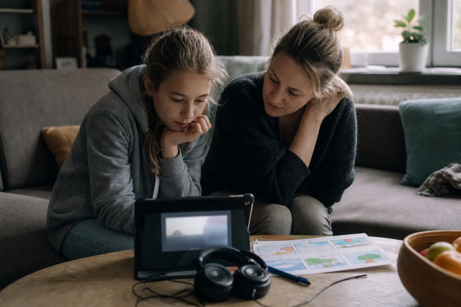 Zwei Familienmitglieder sehen sich in einer Wohnzimmerszene gemeinsam ein selbst erstelltes Medienprojekt auf einem Tablet an.