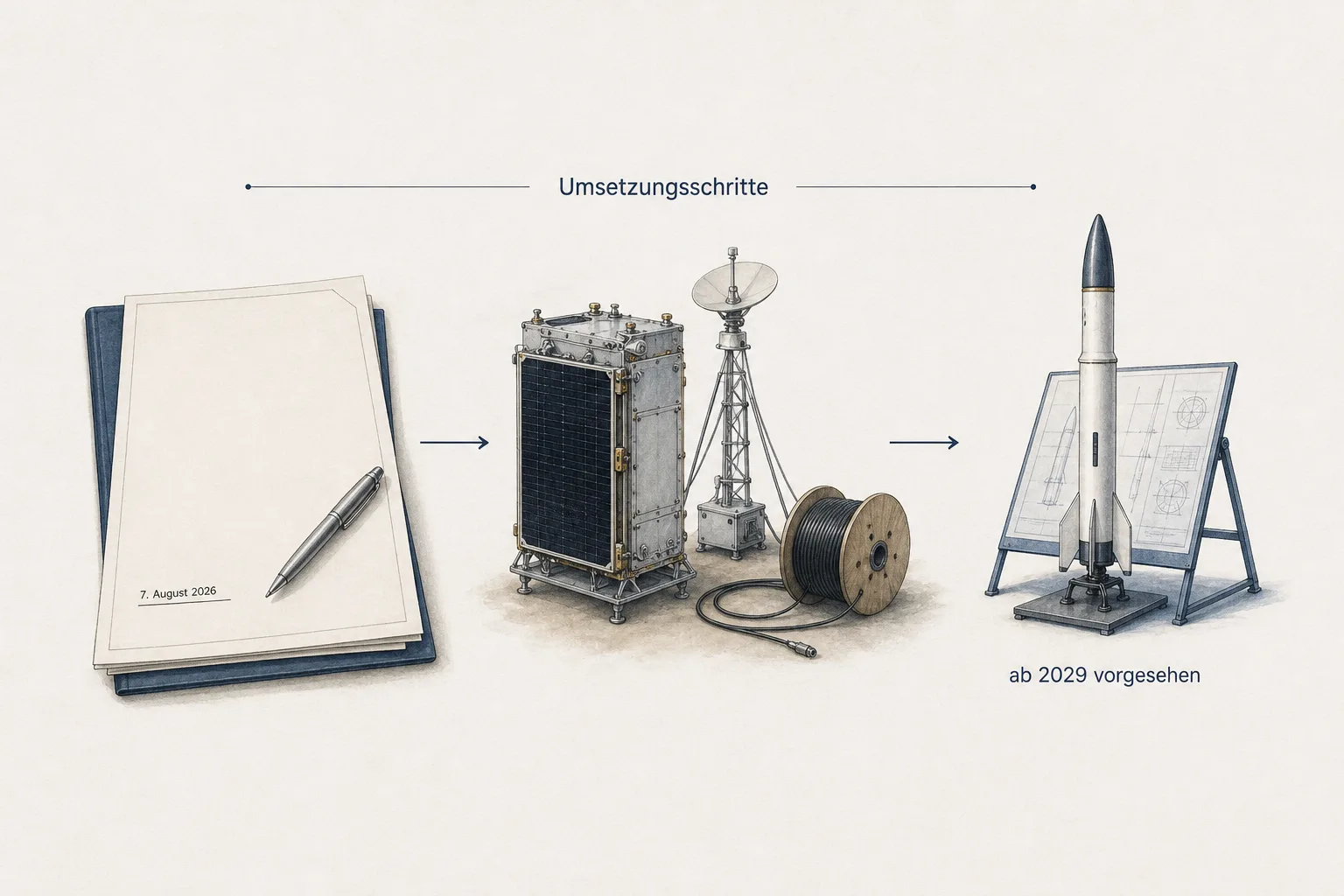 Zeitstrahl vom Umsetzungsabkommen am 7. August 2026 über Detaildesign, Produktion und Bodeninfrastruktur bis zu den ab 2029 vorgesehenen ersten Starts und Teilservices.