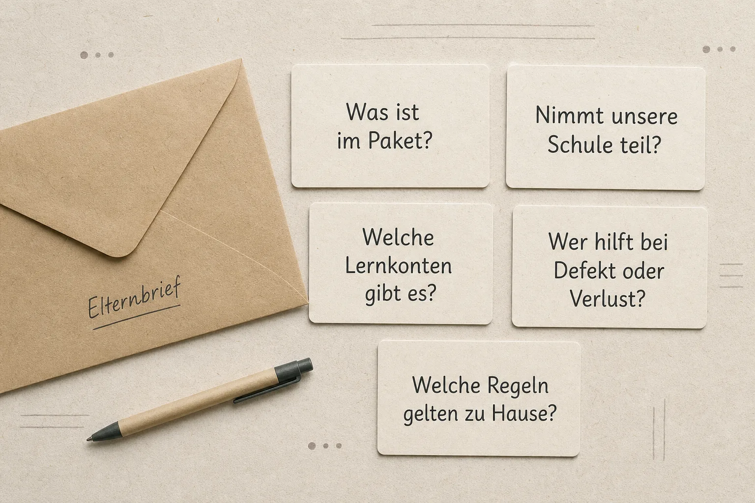 Eine gestaltete Fragenkarte mit fünf Prüffragen zu Paket, Teilnahme, Lernkonten, Unterstützung und Nutzung zu Hause.