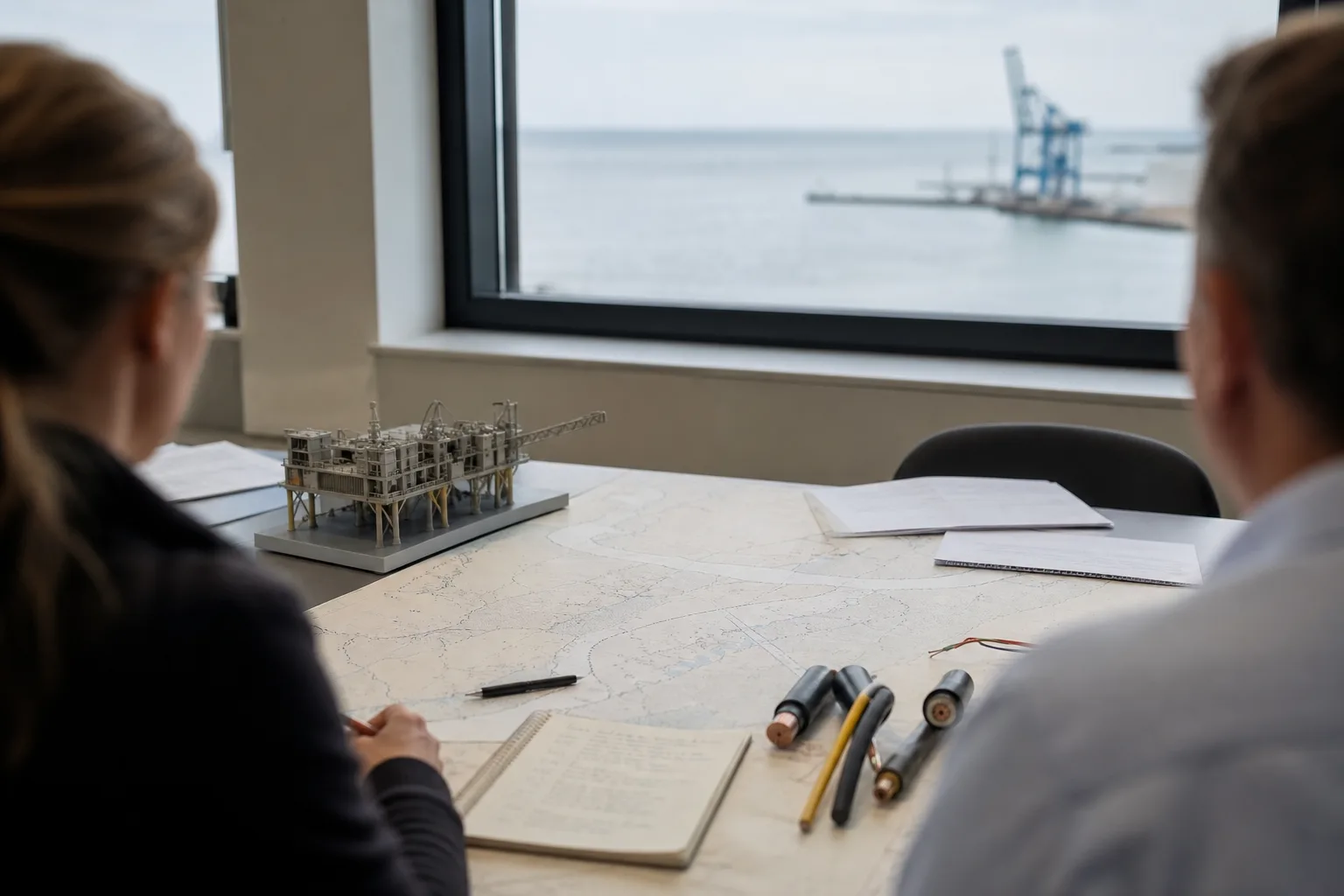 Projektbesprechung mit neutraler Seekarte, Kabelproben und Modell eines Offshore-Umspannwerks in einem Raum am Hafen