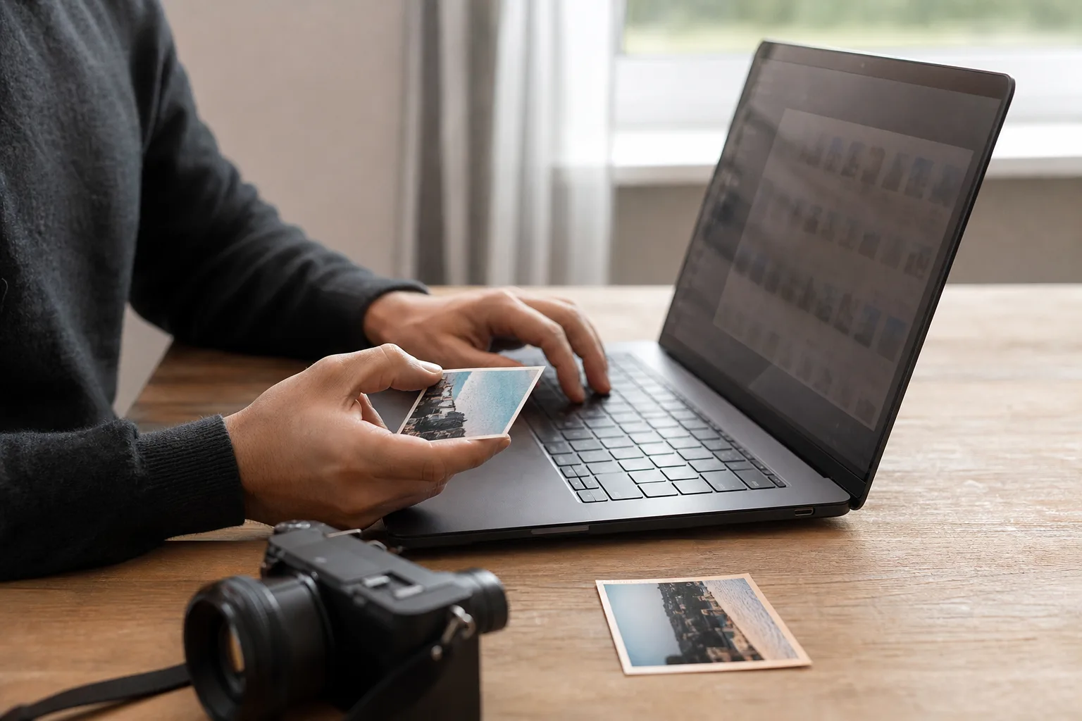 Hände vergleichen an einem unmarkierten Laptop einen lokalen Fotoordner mit einer neuen Aufnahme.
