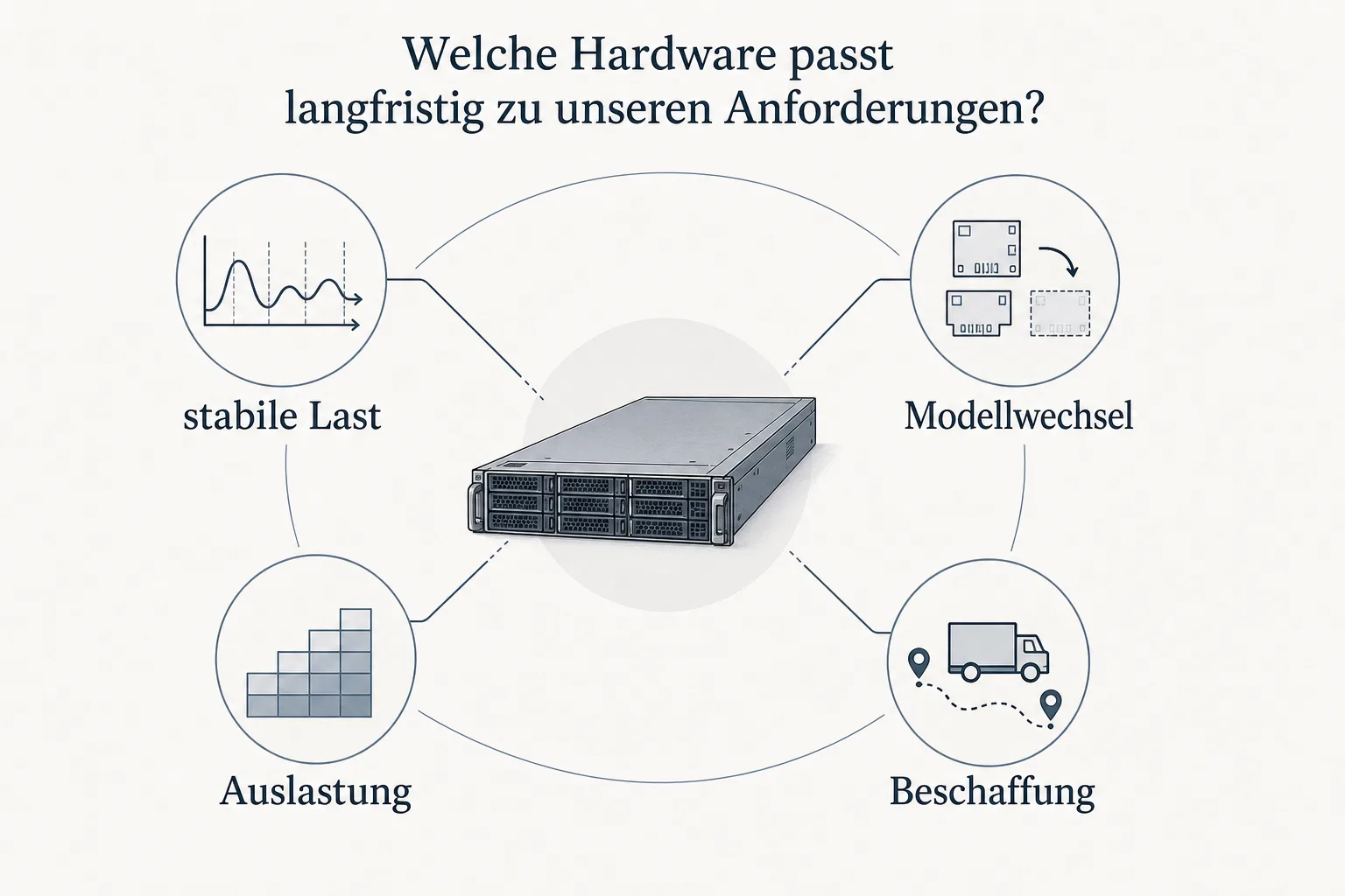 Gestaltete Übersicht ordnet stabile Last, Modellwechsel, Auslastung und Beschaffung um ein neutrales Servermodul an.
