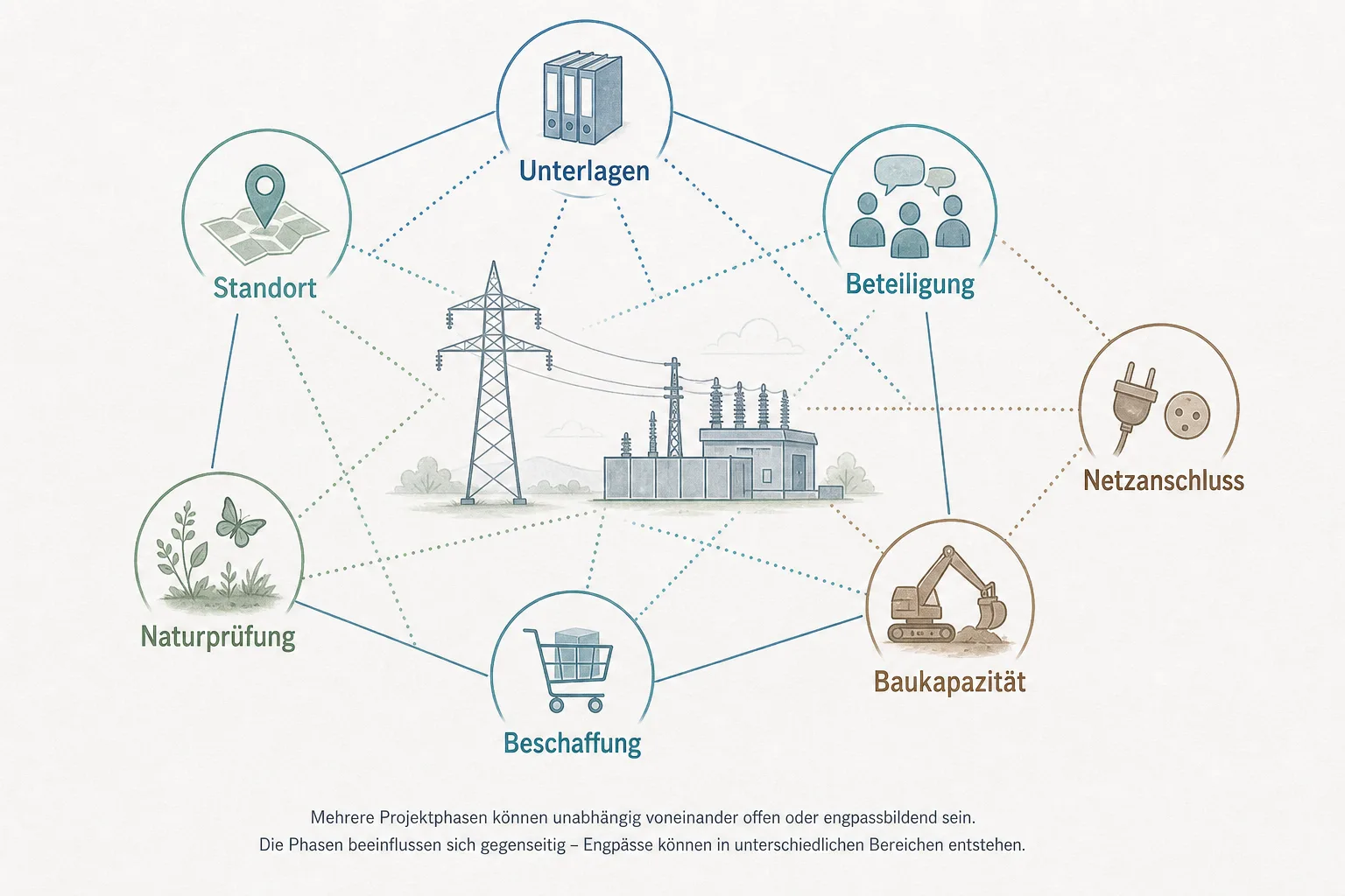 Analytische Grafik verbindet ein neutrales Stromnetz mit Unterlagen, Standort, Beteiligung, Naturprüfung, Beschaffung, Baukapazität und Netzanschluss.