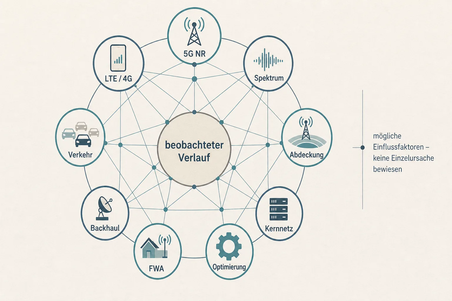 Systemgrafik verbindet 5G NR, LTE 4G, Spektrum, Verkehr, Abdeckung, Backhaul, Kernnetz, FWA und Optimierung mit einem beobachteten Verlauf.