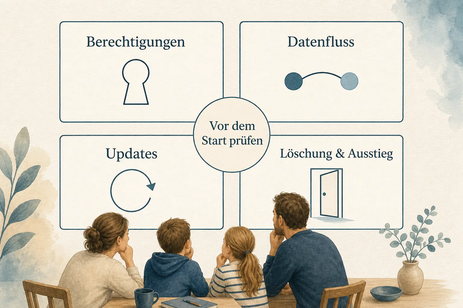 Gestaltete Entscheidungshilfe bündelt Prüffragen zu Berechtigungen, Datenfluss, Updates sowie Löschung und Ausstieg.