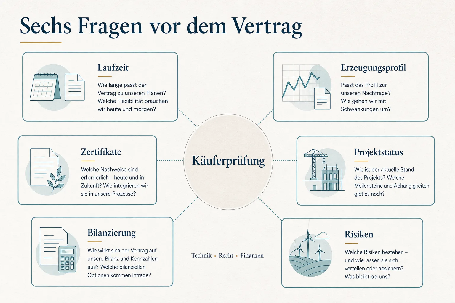 Entscheidungshilfe bündelt sechs Prüffelder für einen langfristigen Ökostromvertrag: Laufzeit, Erzeugungsprofil, Zertifikate, Projektstatus, Bilanzierung und Risiken.