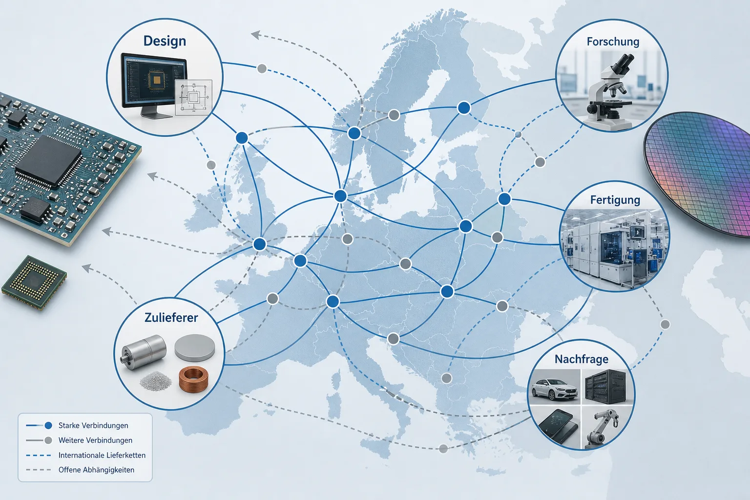 Illustration verbindet Design, Forschung, Fertigung, Zulieferer und Nachfrage in Europa