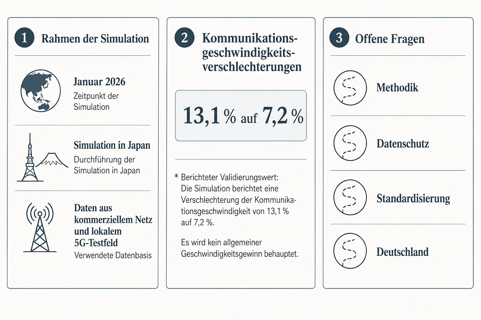 Infografik bindet den AI-RAN-Messwert an die Januar-Simulation in Japan und offene Fragen