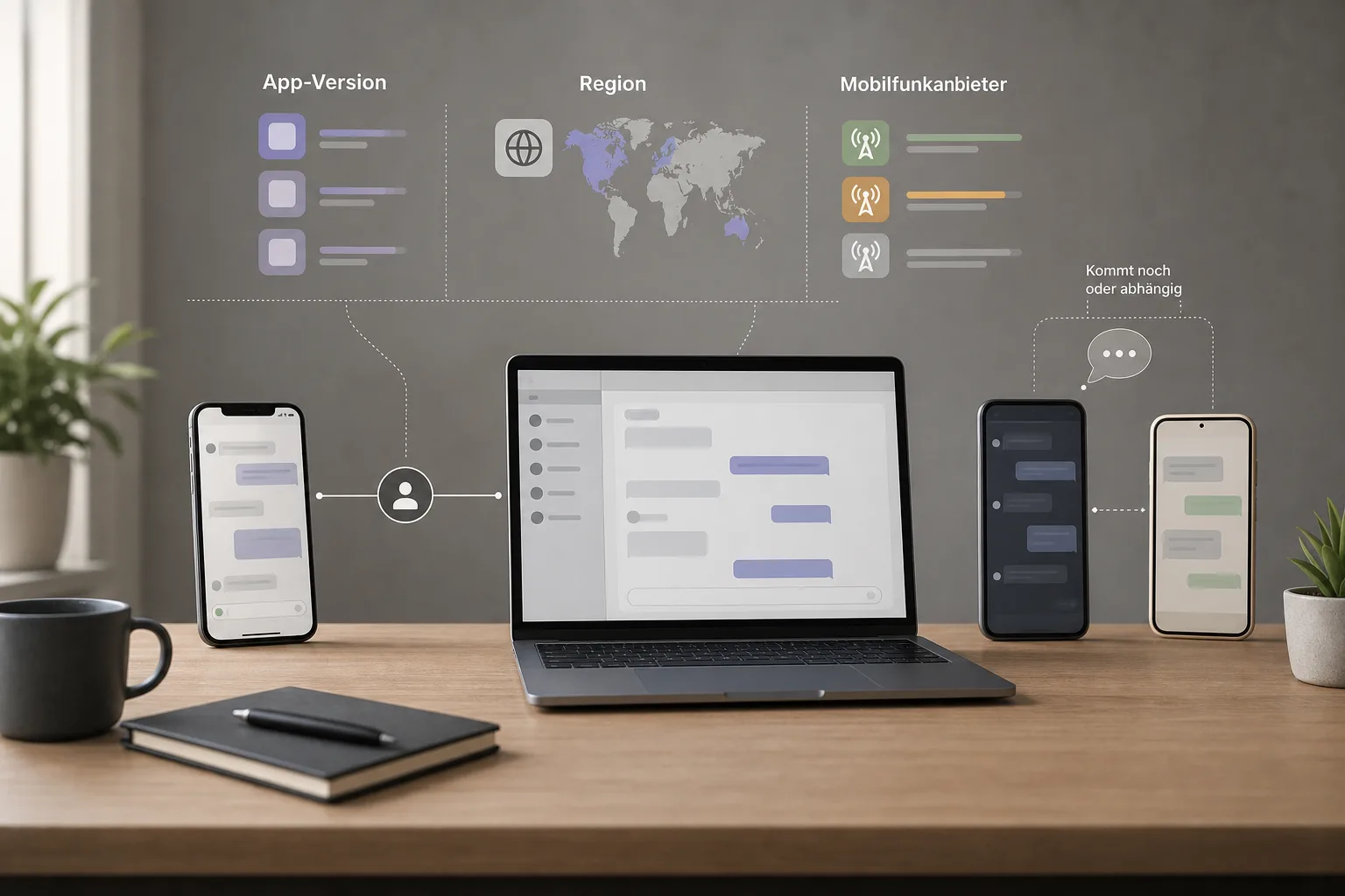 Smartphone und Laptop sind mit Konto, App-Version, Region und Mobilfunkanbieter verknüpft