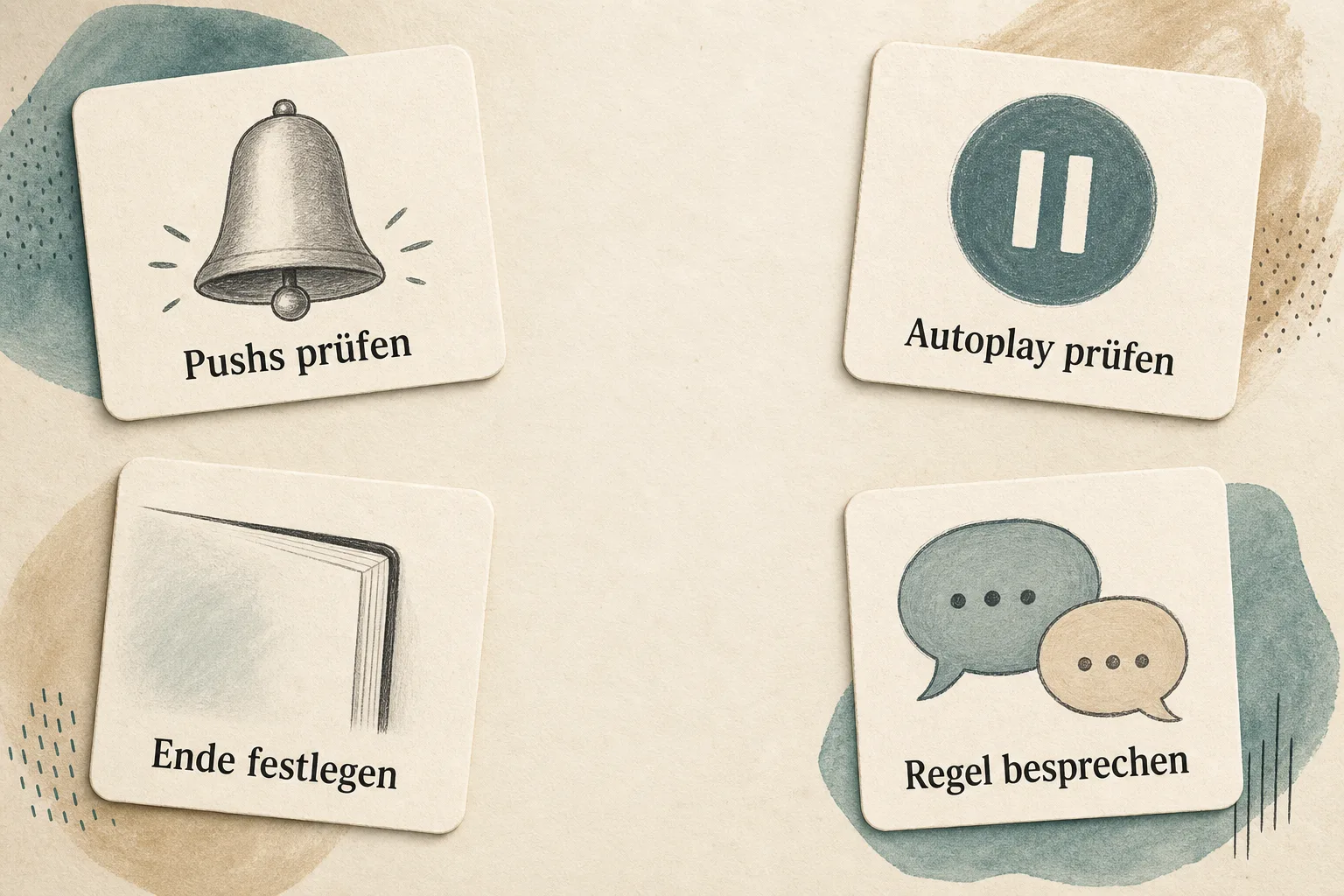 Eine ruhige Papiergrafik zeigt vier Karten mit den Labels Pushs prüfen, Autoplay prüfen, Ende festlegen und Regel besprechen.