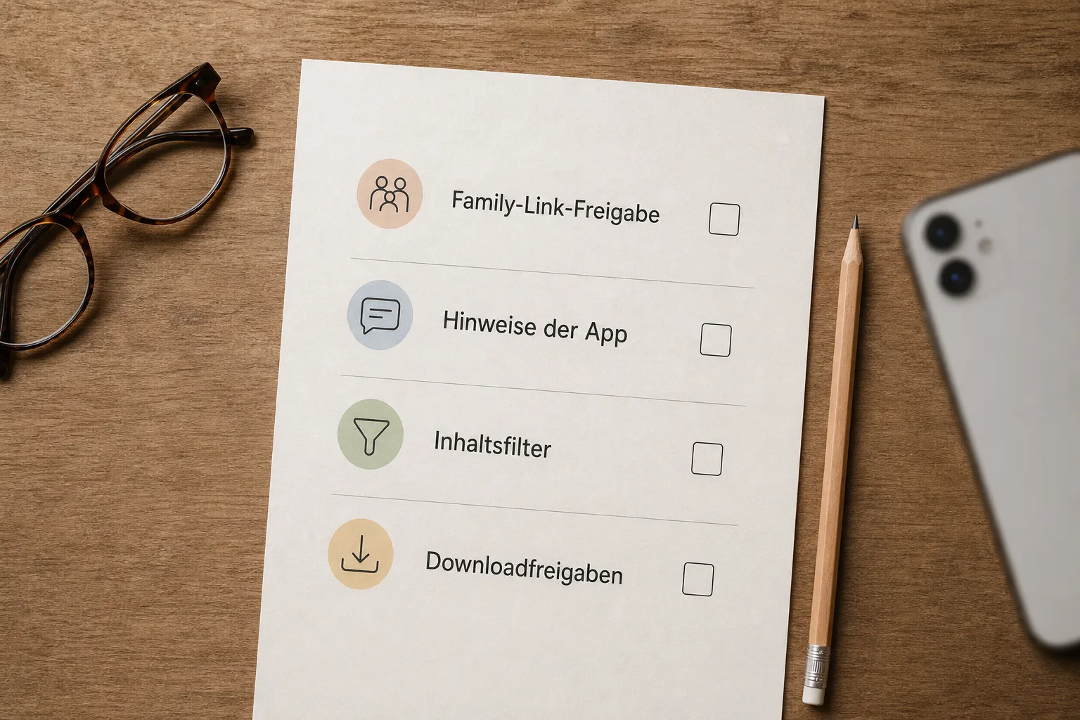 Papier-Checkliste nennt Family-Link-Freigabe, Hinweise der App, Inhaltsfilter und Downloadfreigaben.