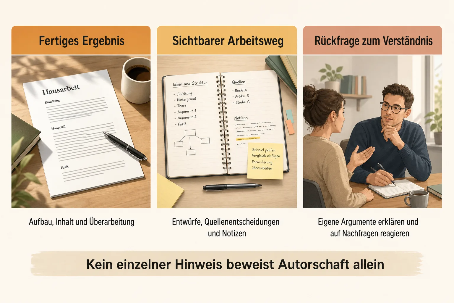 Vergleichsgrafik zu fertigem Ergebnis, sichtbarem Arbeitsweg und Rückfrage zum Verständnis