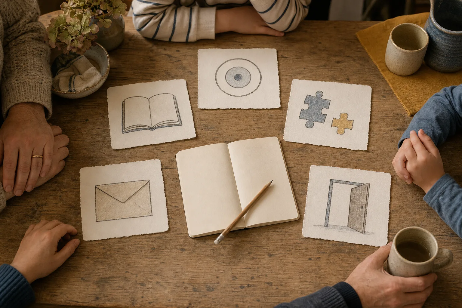 Fünf neutrale Papierkarten mit Symbolen für Lernziel, Informationen, Passung, private Daten und Ausstieg liegen um ein offenes Notizbuch.