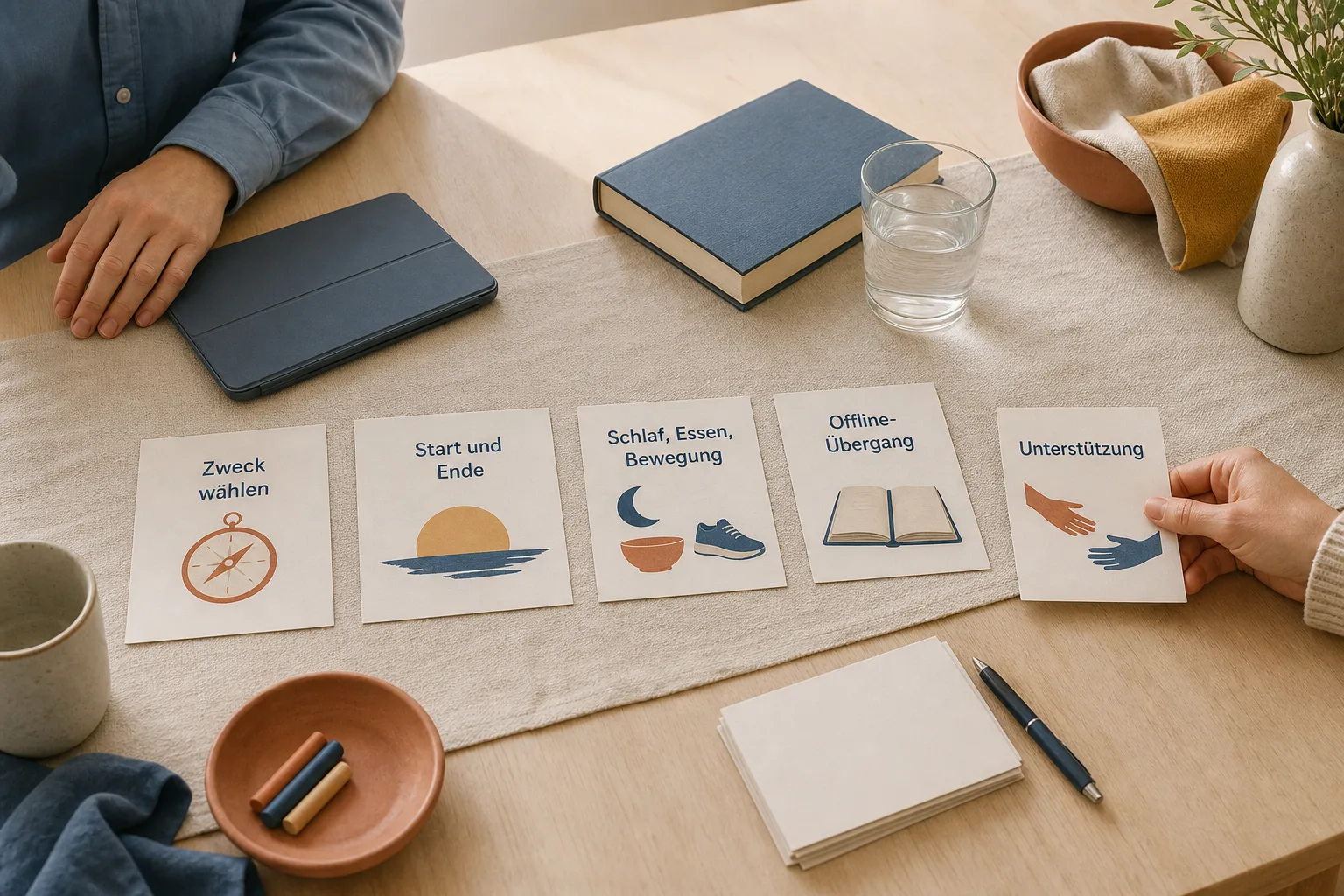 Eine illustrative Grafik zeigt die Schritte Zweck wählen, Start und Ende, Schlaf Essen Bewegung, Offline-Übergang und Unterstützung.