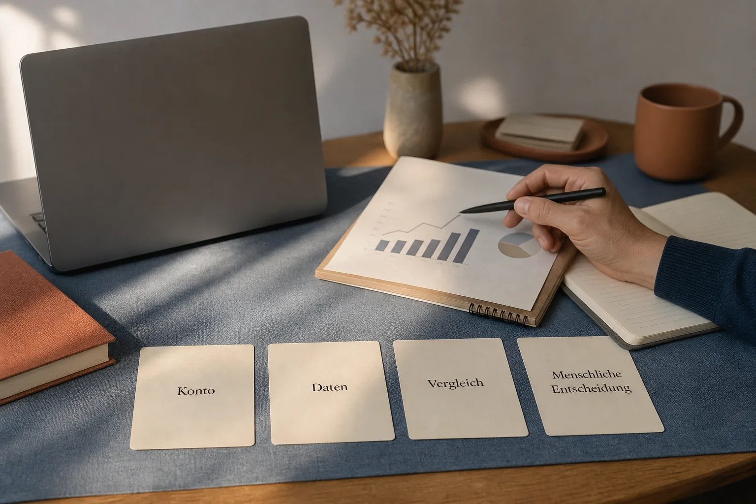 Eine Person vergleicht neutrale Kampagnendiagramme und Notizen, bevor sie eine Budgetänderung beurteilt.