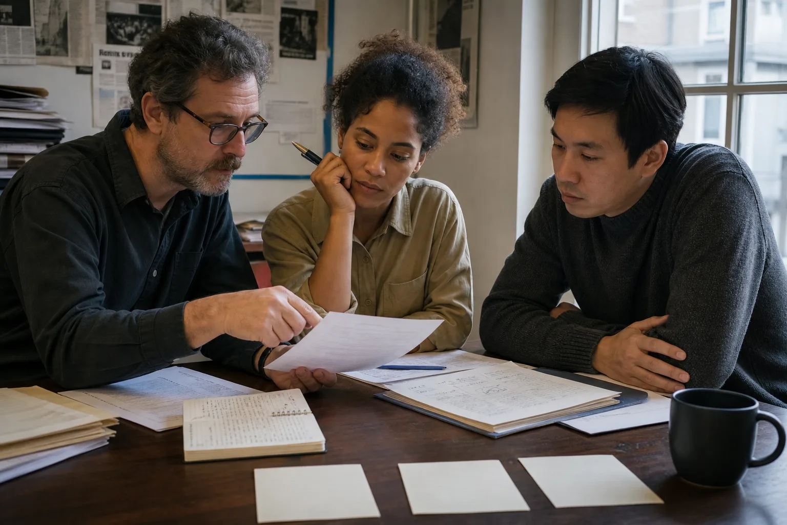 Drei Personen prüfen Dokument, Quellen und Bearbeitungsschritte gemeinsam an einem Tisch