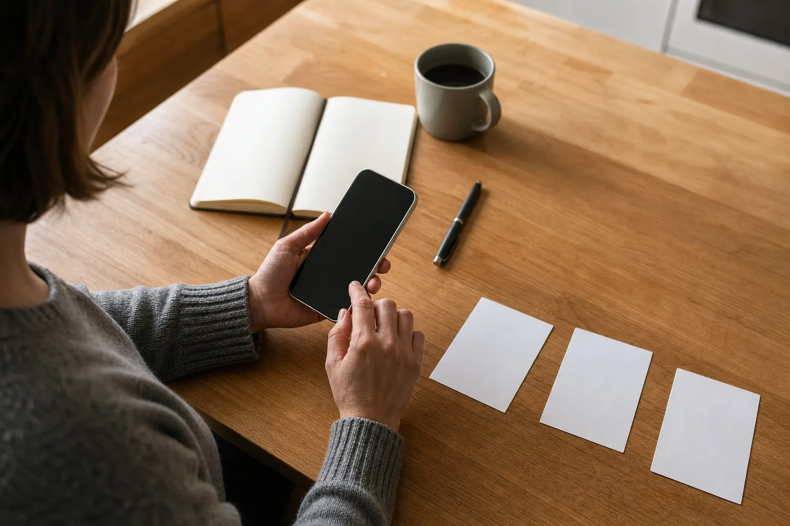 Person prüft an einem Küchentisch vor der Installation einer Gratis-VPN-App Zweck, Betreiber und unabhängige Nachweise.