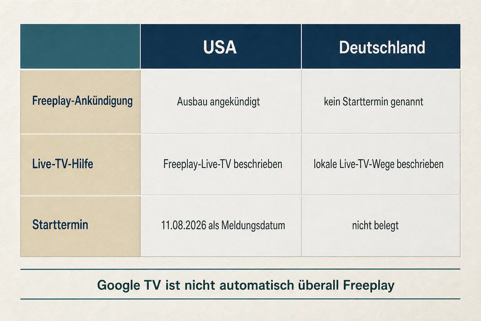 Redaktionelle Matrix vergleicht die US-Ankündigung und US-Hilfe mit dem offenen Starttermin und den lokalen Live-TV-Wegen in Deutschland