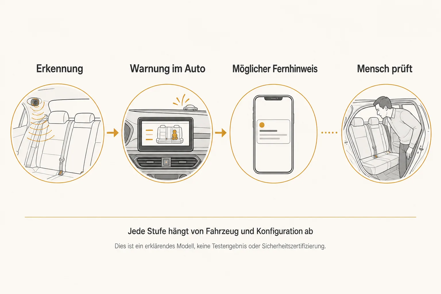 Flussdiagramm zeigt die Kette aus Erkennung Warnung im Auto möglichem Fernhinweis und menschlicher Prüfung