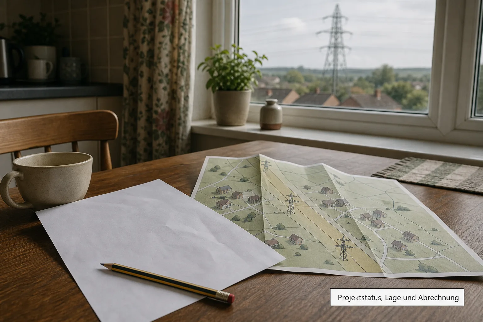 Auf einem Küchentisch liegen eine neutrale Karte mit Stromkorridor, ein Bleistift und ein nicht lesbares leeres Rechnungsblatt; draußen ist eine entfernte Stromleitung zu sehen.