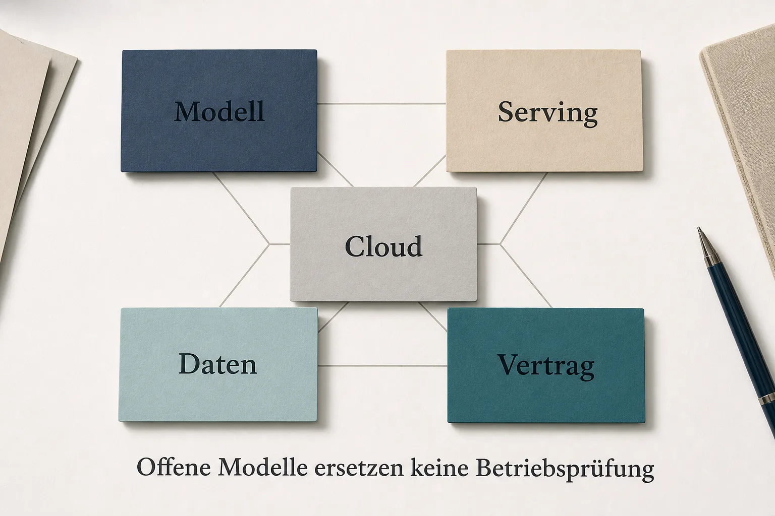 Redaktionelle Einordnungsgrafik ordnet Modell, Serving, Cloud, Daten und Vertrag als getrennte Fragen einer Beschaffungsprüfung