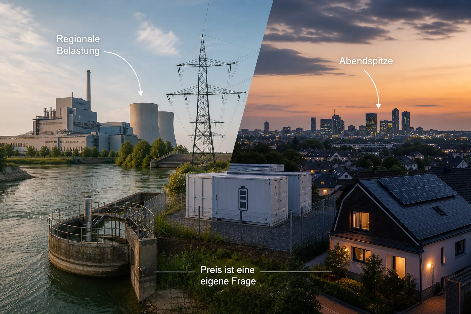 Geteilte Szene mit niedrigem warmem Fluss, Kraftwerkskühlung, Abendstadt, Batteriespeicher und Übertragungsleitung