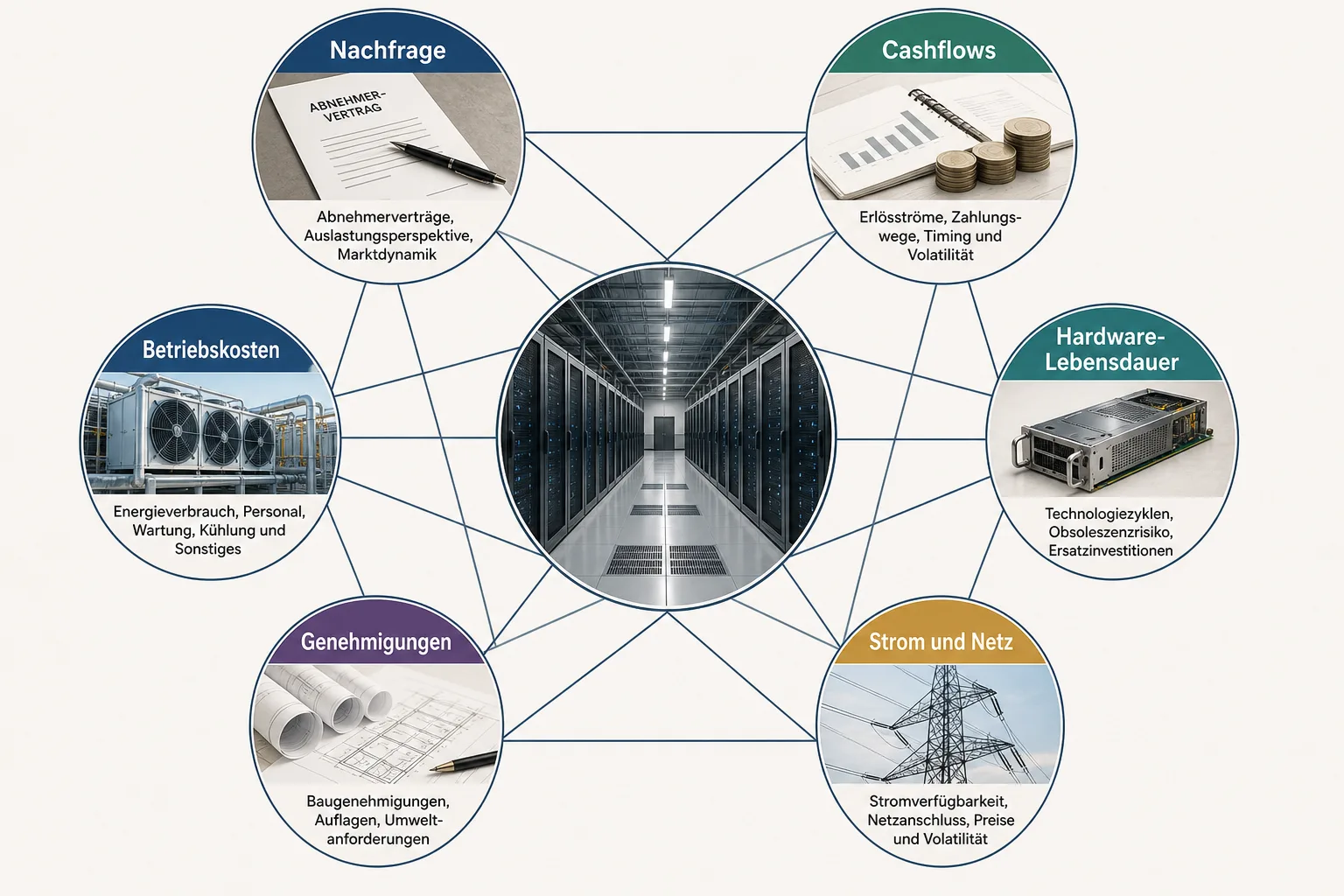 Risikolandkarte mit Nachfrage, Cashflows, Hardware, Strom, Genehmigungen und Betriebskosten