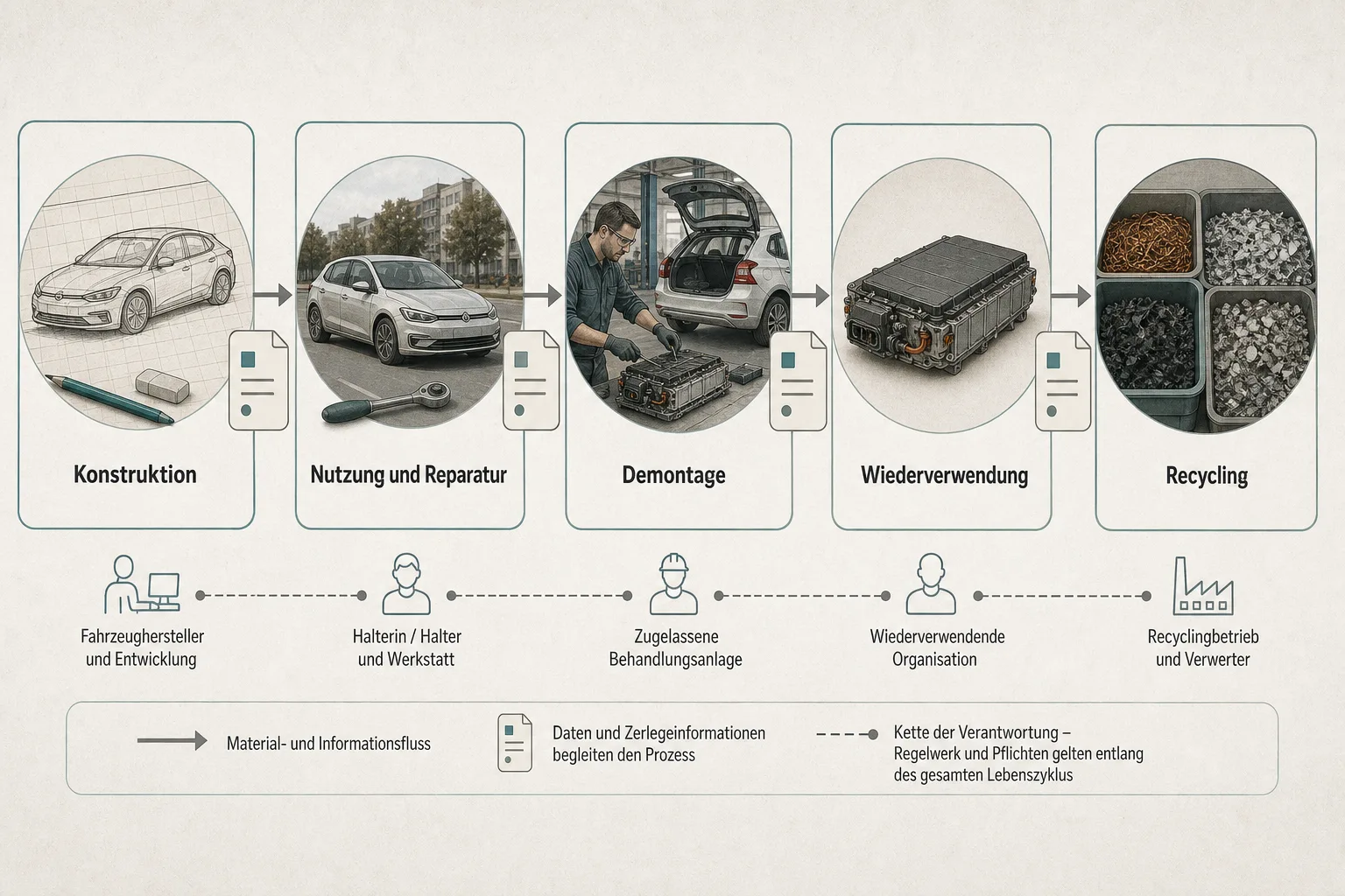 Eine Prozessgrafik verbindet Konstruktion, Nutzung und Reparatur, Demontage, Wiederverwendung und Recycling.