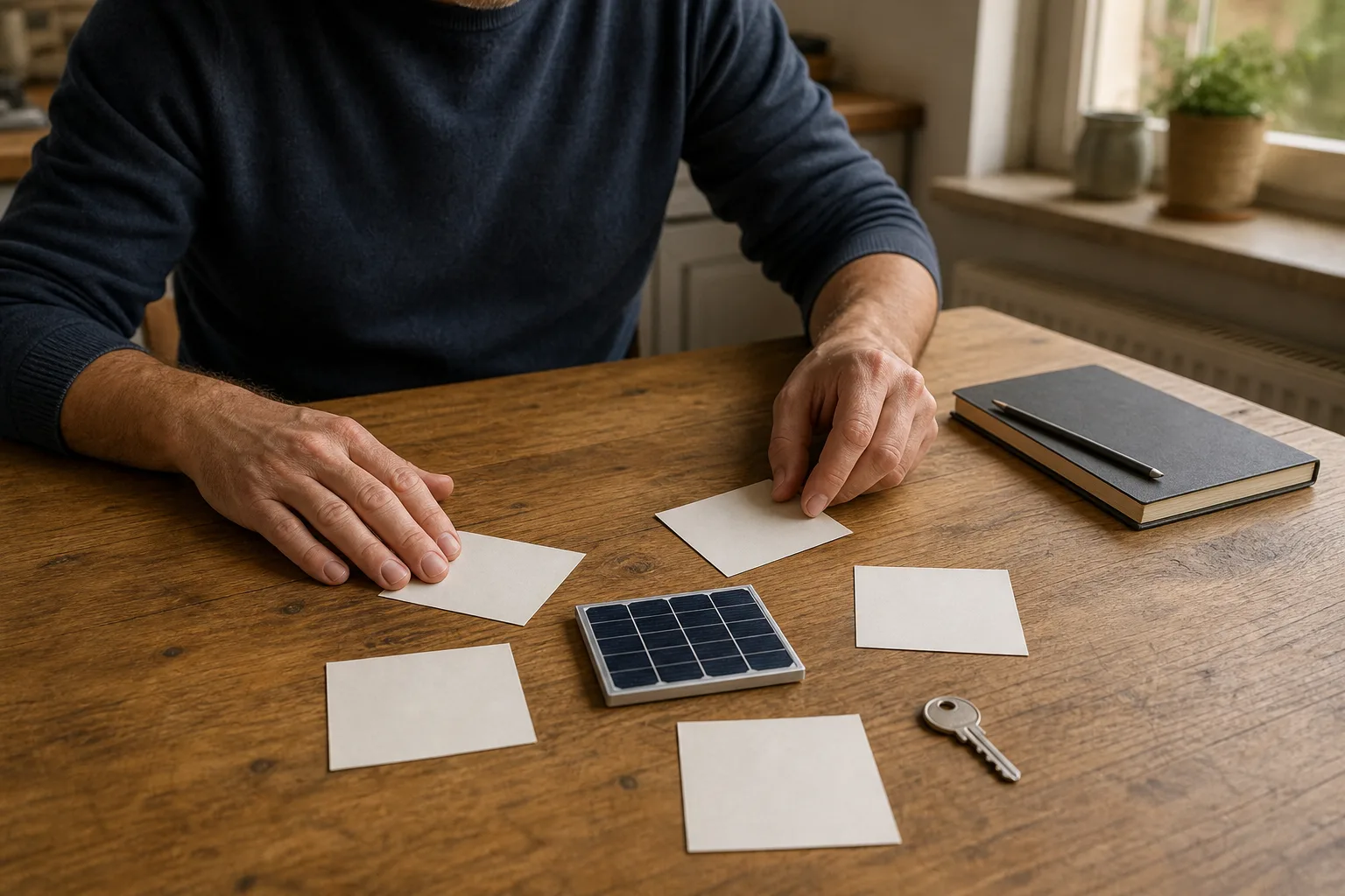 Person ordnet an einem Küchentisch neutrale Planungskarten neben einem kleinen Solarmodell und einem Haustürschlüssel