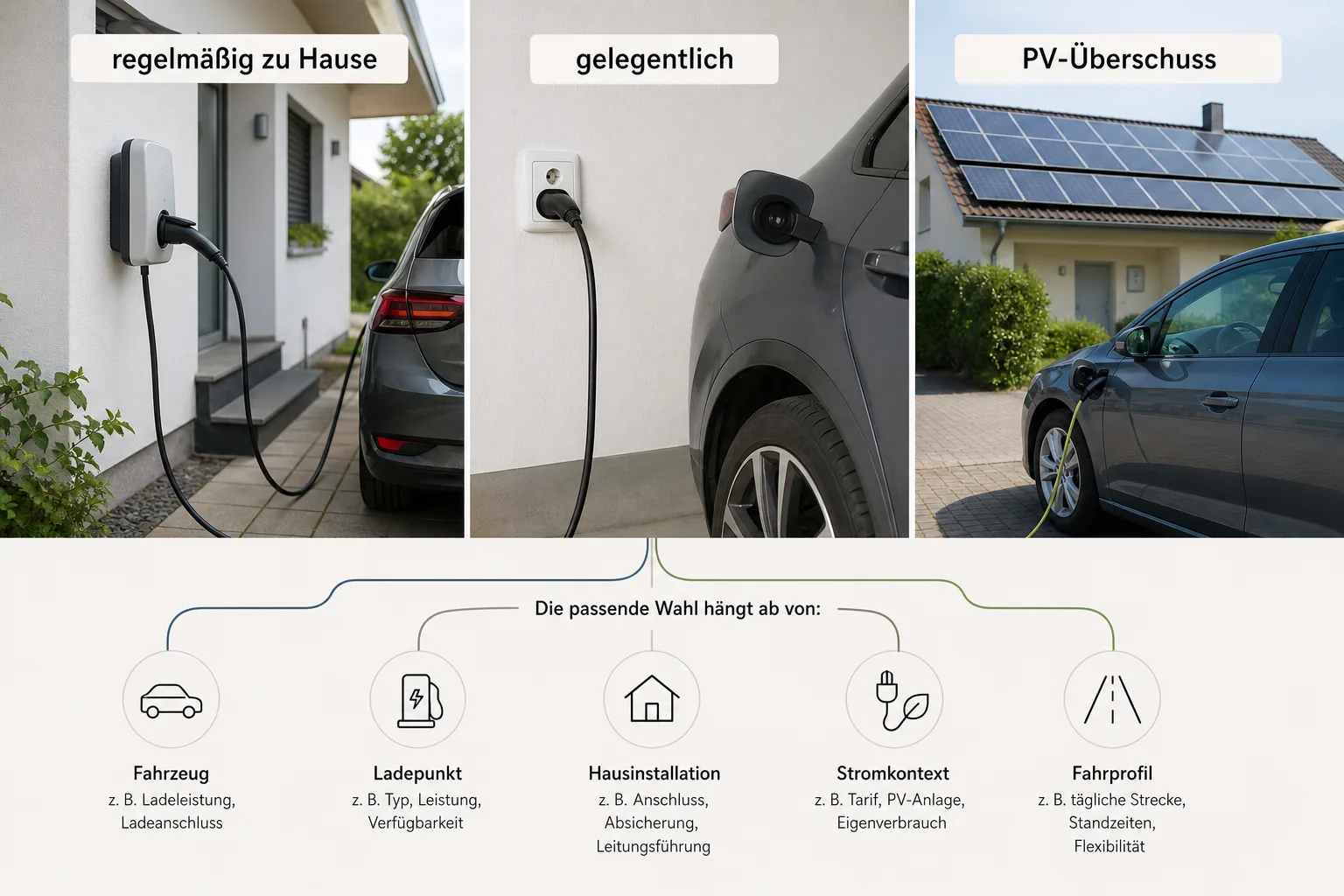 Vergleich von Wallbox, Haushaltssteckdose und PV-Überschussladen an einem Wohnhaus