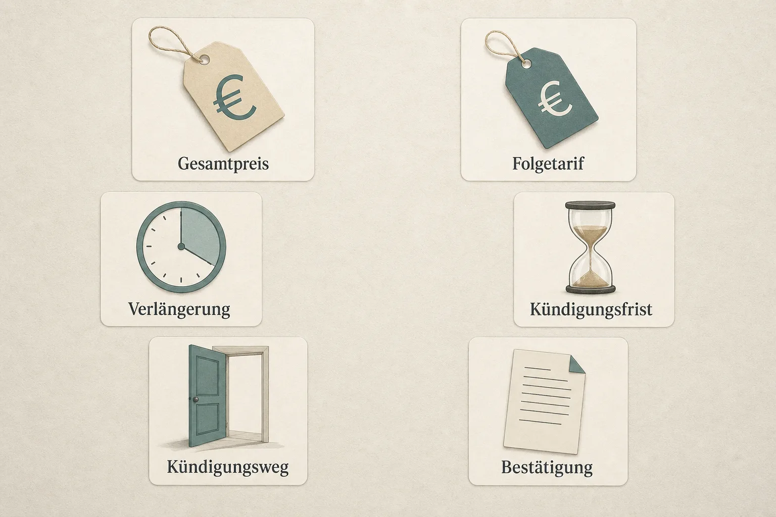 Eine Papiergrafik zeigt sechs Karten mit den Labels Gesamtpreis, Folgetarif, Verlängerung, Kündigungsfrist, Kündigungsweg und Bestätigung.