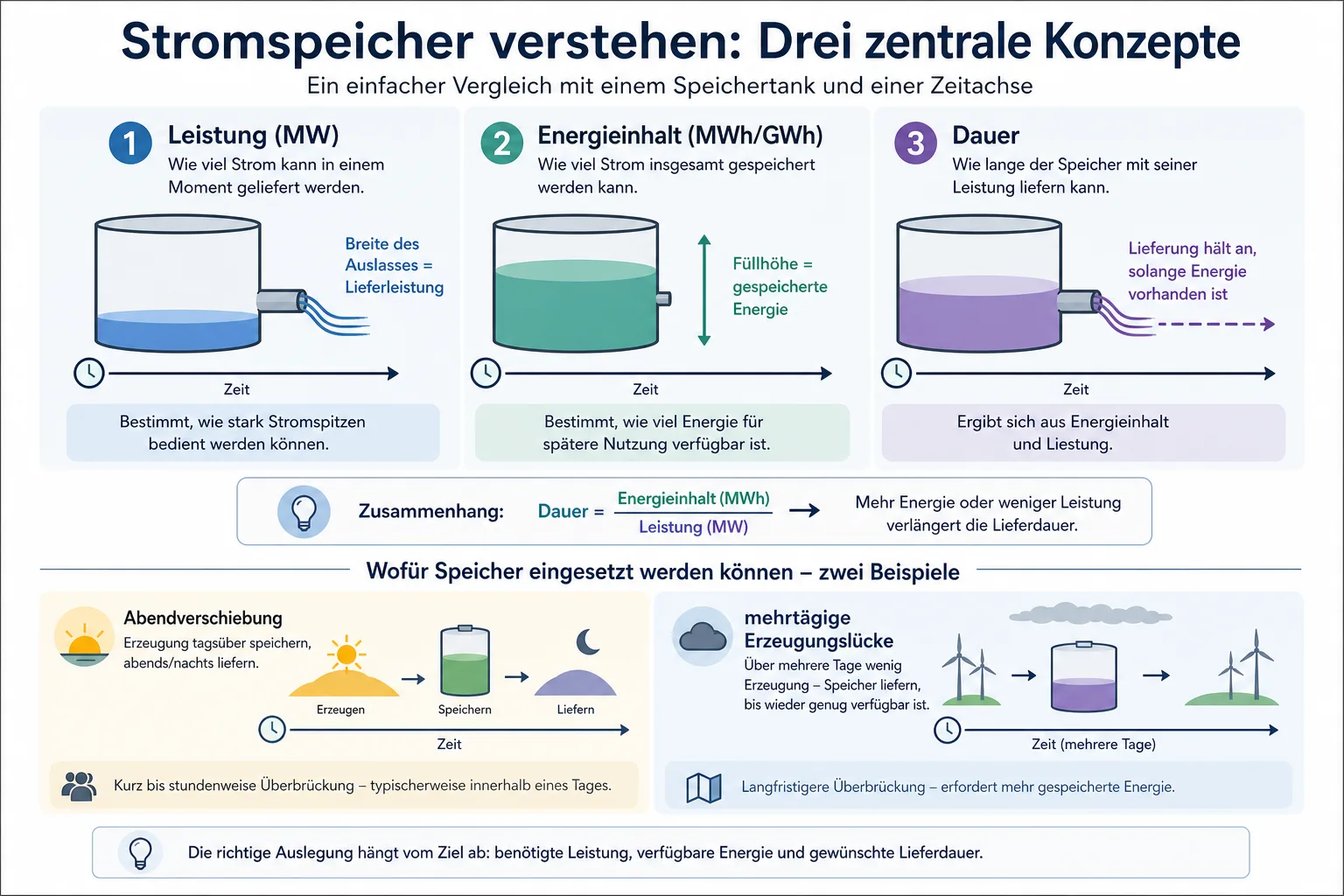 Erklärgrafik trennt Leistung in Megawatt, Energieinhalt in Megawattstunden und die Dauer der Stromabgabe