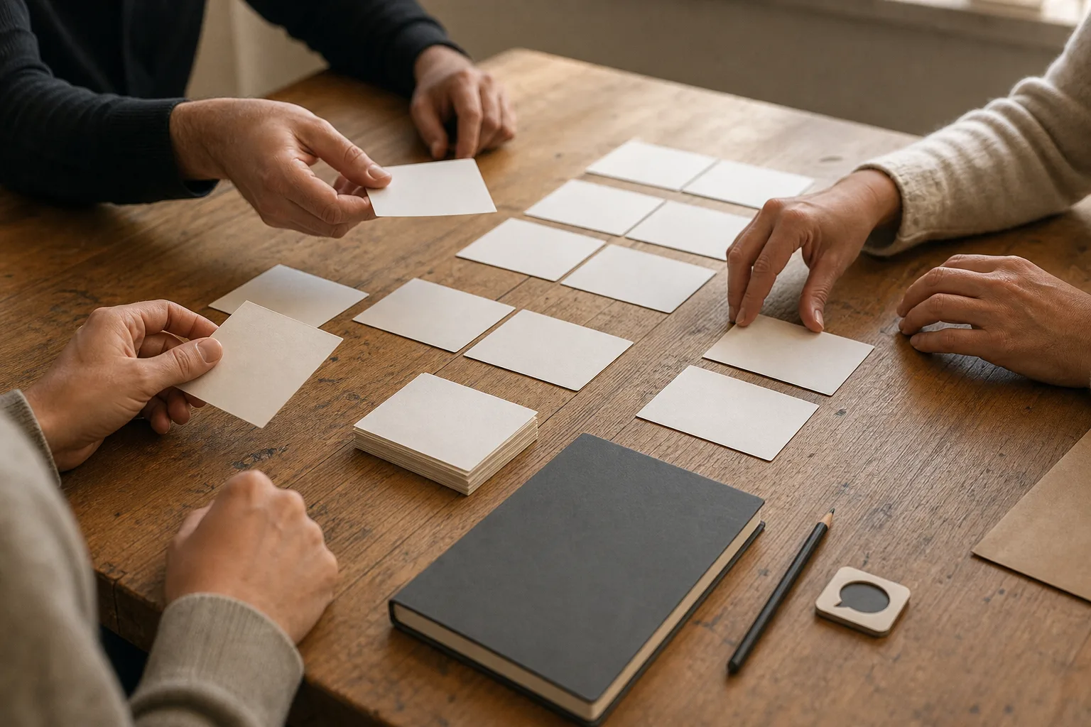 Mehrere Hände ordnen an einem Arbeitstisch neutrale Karten neben Notizbuch und Stift für eine geplante Modellauswertung.